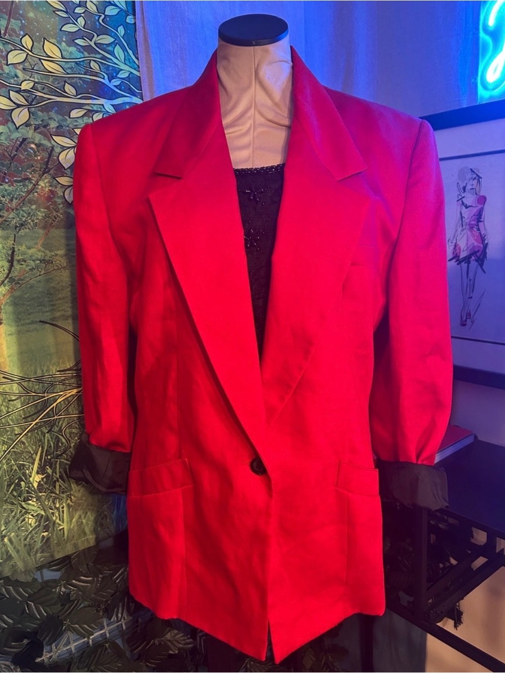 Anne Klein Vibrant Red Linen Vintage Women's Lined Blazer Jacket: Size 12
